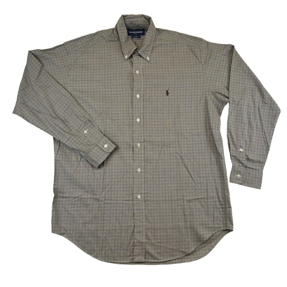 Ralph Lauren Golf Shirt Mens Medium Brown Check Long Sleeve Button Down Pony